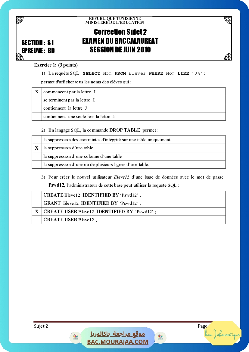 Corrigé controle bd Bac 2010 – Section info
